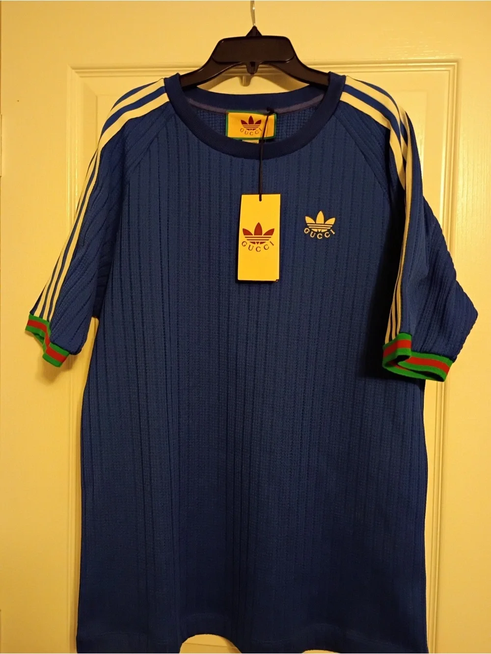 Gucci Blue Short-Sleeve Ribbed Tee with Green & Red Trim